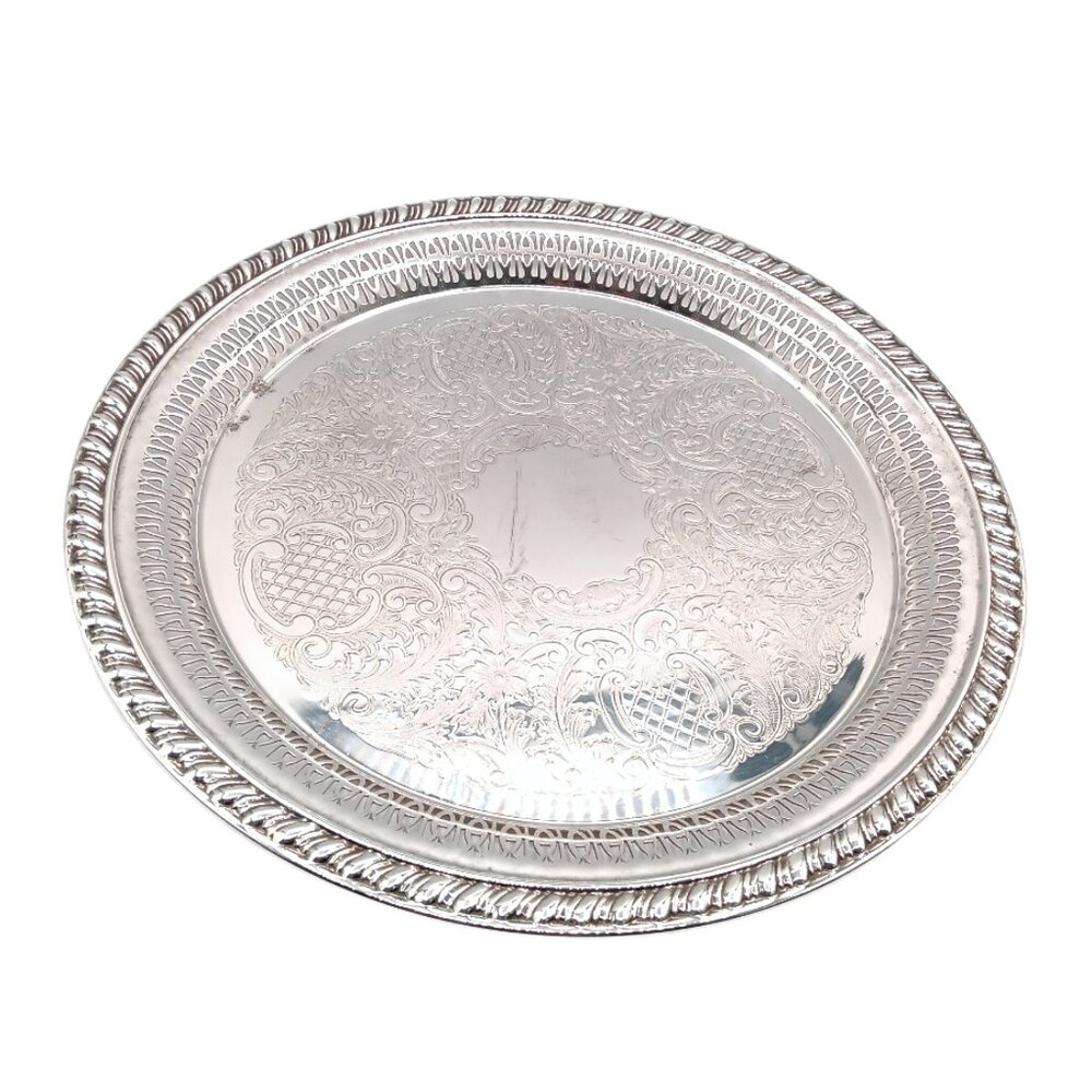 Vtg Leonard Silver Reticulated Serving Tray 12.5” Silverplate Floral 70s MCM
